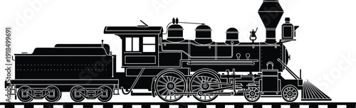 Black vintage steam locomotive vector illustration, classic railway train engine side view, industrial transportation history, retro steam power silhouette design