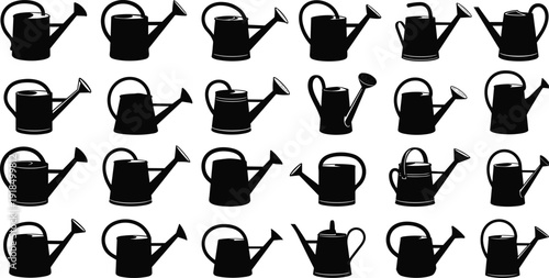 Black watering can silhouette icon set, garden irrigation tools collection, metal and plastic watering cans, minimalist flat vector illustration isolated on white background