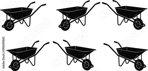 Black wheelbarrow silhouette icon set, garden and construction hand cart tools collection, industrial transport equipment, flat vector illustration isolated on white background