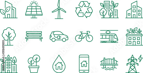 Green eco sustainability line icons set showing renewable energy recycling smart city electric transport urban nature clean power minimal outline vector illustration collection