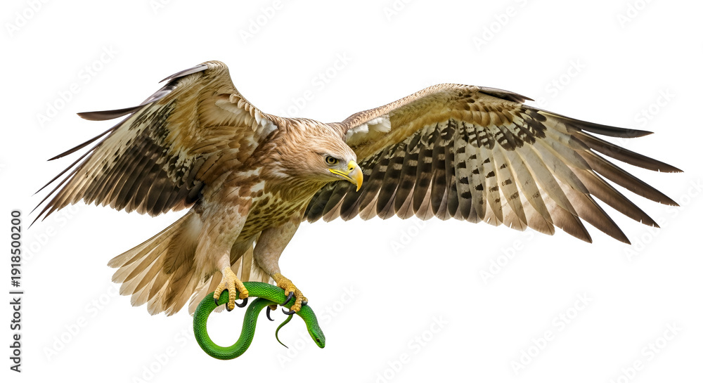 Obraz premium Predatory eagle flying with wide spread wings while gripping a green snake, realistic detail capturing power, tension, and natural hunting instinct in wildlife action.