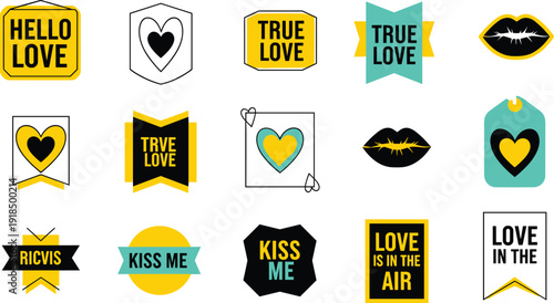 Collection of romantic stickers and badges with love and kiss themes in various designs and layouts