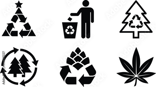 Black recycling and nature icons set showing waste management forest conservation environmental responsibility eco sustainability symbols isolated on white background vector illustration collection