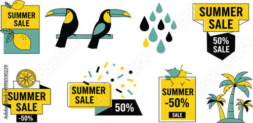 A vibrant summer sale advertisement featuring a toucan, palm trees, and sale banners with a discount of 50 percent.