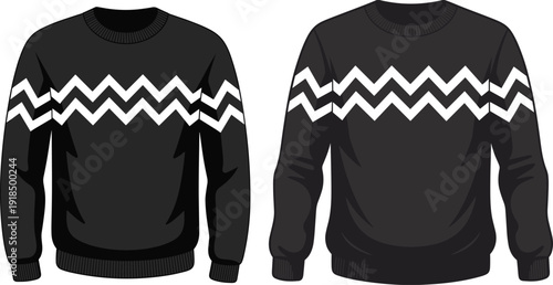Black winter sweater vector illustration, cozy knitted pullover design with zigzag pattern, warm clothing fashion concept, casual outfit for cold weather season