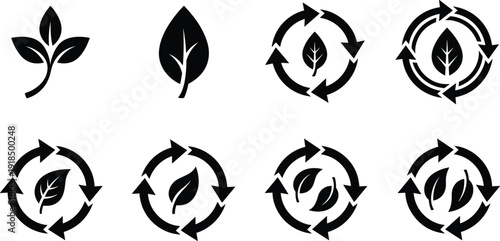 Black eco recycling leaf icons set showing circular arrows sustainability renewable resources environmental protection green living minimal vector symbols isolated on white background