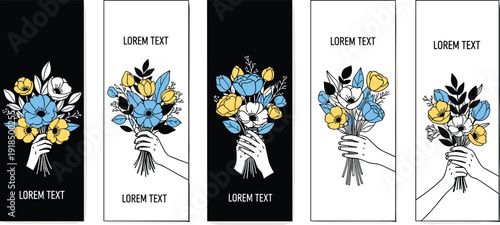 Hand holding a bouquet of blue and yellow flowers in a minimalist illustration style