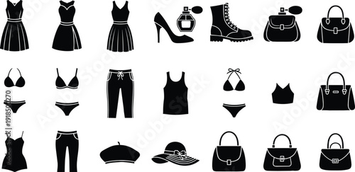 Black women fashion silhouettes vector illustration set, dresses lingerie shoes handbags perfume and accessories collection for boutique branding, retail catalogs, and style design