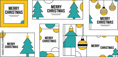 A collection of Christmas greeting cards with festive trees and ornaments from various viewpoints.