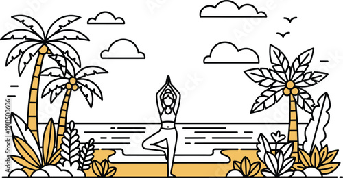 Serene yoga practice on a tropical beach with palm trees and calm ocean waves from a distant viewpoint