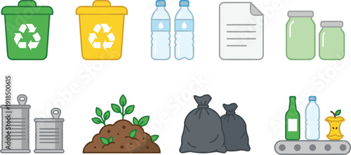 Recycling and waste management icons set showing plastic bottles paper glass metal compost and trash bins for environmental sustainability sorting and eco friendly recycling concept illustration