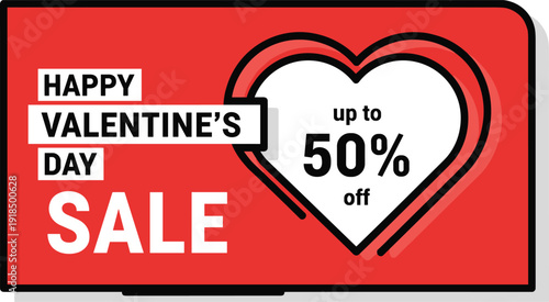 Valentine's Day sale advertisement with heart symbol and discount offer on a red background banner