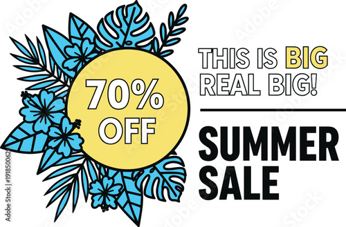 Vibrant Summer Sale banner with tropical leaves and prominent discount offer displayed prominently in a graphic illustration