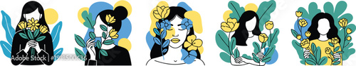 A series of stylized illustrations of women surrounded by flowers and foliage, depicted in a modern, graphic style from a frontal viewpoint.