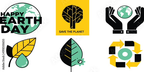 Earth Day illustration featuring eco-friendly logos and symbols promoting planet conservation