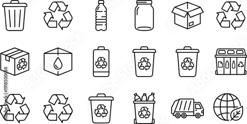 Recycling and waste management line icon set with trash bins bottles boxes eco symbols sustainability environmental protection and recycling illustration