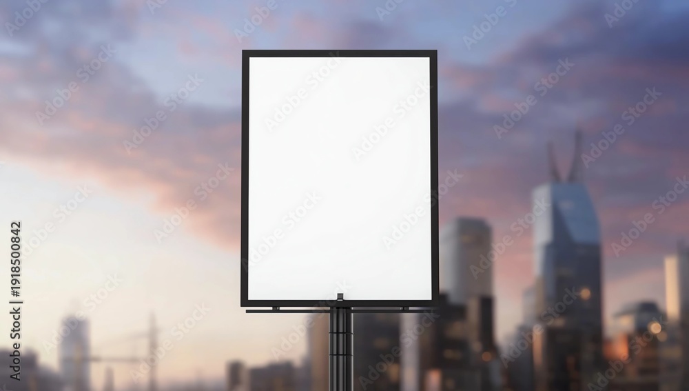 Fototapeta premium white blank poster frame standing on blur night city panoramic background for show content,product,text and mock up design concept