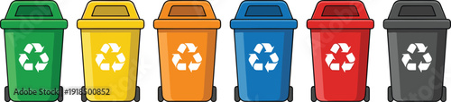 Colorful recycling bins set illustration with six color coded trash cans promoting waste sorting sustainability eco friendly recycling concept environmental education management design