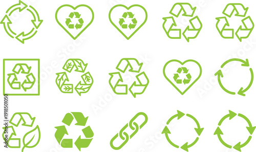 Green recycling icons set illustration with circular arrows and heart symbols promoting sustainability eco friendly design environmental conservation renewable energy awareness graphics collection