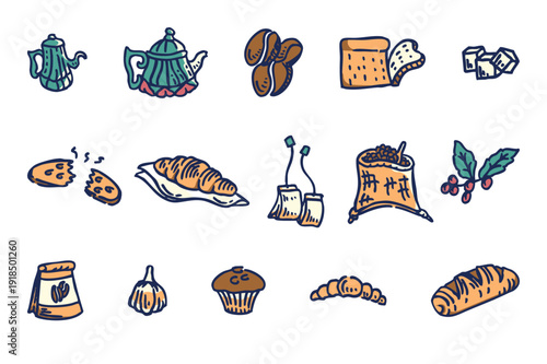 Delightful hand-drawn breakfast and coffee icon set, featuring doodle illustrations of teapots, croissants, bread, coffee beans, and various morning delights