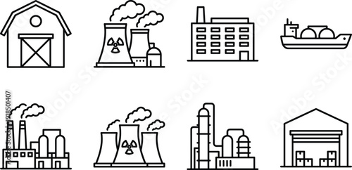 Industrial factory and power plant icon set illustration showing manufacturing nuclear energy warehouse shipping and production facilities for industry infrastructure engineering logistics