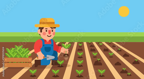Joyful farmer planting seedlings in a field, showing the vibrant process of agriculture and growth