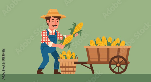 Farmer harvesting corn with a wheelbarrow and basket in a field