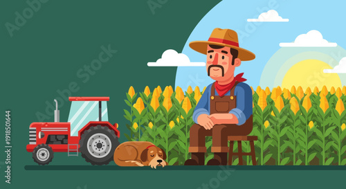 Farmer resting in cornfield with dog and tractor