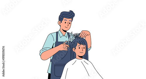 A professional barber meticulously cuts a woman's hair in a modern salon setting, showcasing expert styling and transformation.