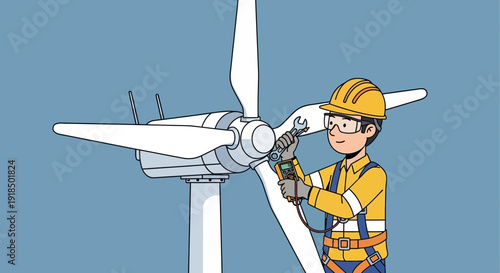 A smiling engineer in a yellow hardhat performing maintenance on a large white wind turbine with a wrench and multimeter