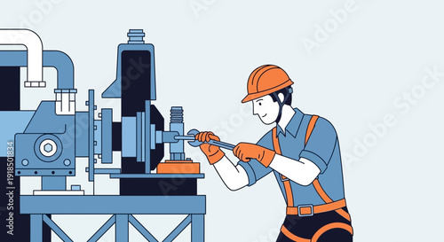 Skilled worker in hard hat and gloves uses wrench to repair industrial machinery