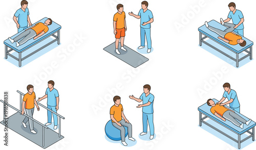 Physical therapy rehabilitation exercises illustration set showing patient treatment, physiotherapy sessions, recovery training, medical consultation, and healthcare support activities isolate 