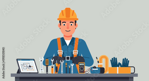 Skilled Electrician with Tools and Safety Gear Ready for Electrical Work
