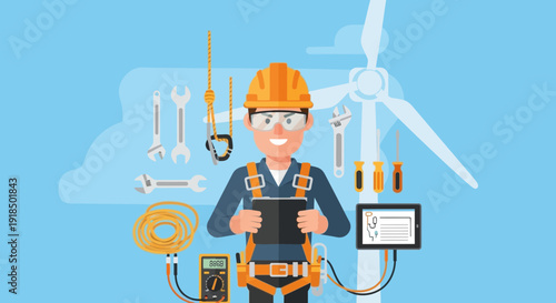 Wind Turbine Engineer with Safety Gear and Tools, Ready for Maintenance