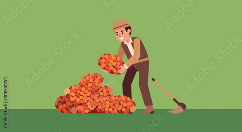 Farmer gathering a large pile of orange berries in a field with a spade nearby