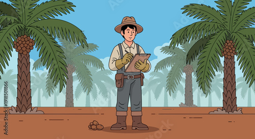 A farmer in a hat and overalls meticulously records harvest details amidst a palm grove
