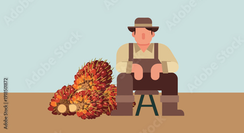 Farmer with palm oil bunches sitting on stool, representing agricultural harvest