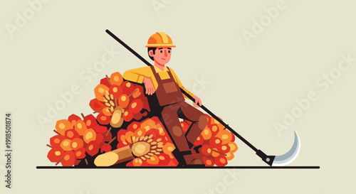 Farmer leaning on a large harvest of palm fruit with his tool, representing agricultural labor and oil production