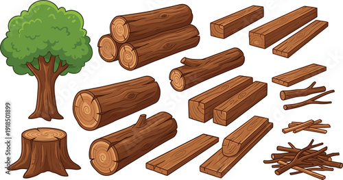 Wood processing stages illustration showing tree, logs, timber planks, firewood and branches for forestry, lumber industry, woodworking, natural resources and sustainable material concepts