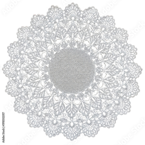 Elegant white lace doily with intricate floral and geometric patterns isolated on transparent background