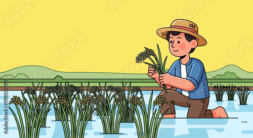 A young farmer wearing a straw hat harvests ripe rice in a flooded paddy field, showcasing agricultural labor and tradition.