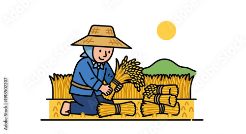 Farmer in straw hat harvesting rice in golden field under the sun