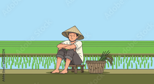 Tired Farmer in Conical Hat Resting by Rice Field During Harvest