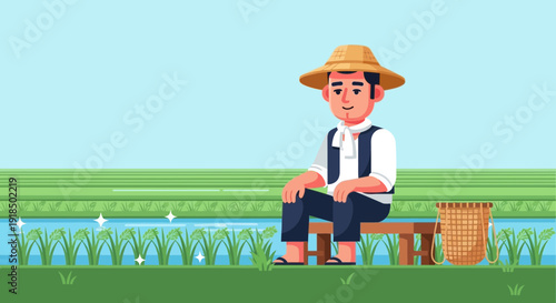 Farmer Resting Beside Lush Rice Paddies in Traditional Attire