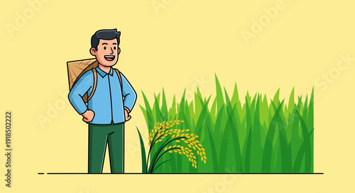 Smiling Farmer Standing in a Lush Rice Field with a Backpack, Ready for Harvest