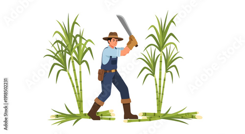 Farmer cutting sugarcane with a machete, surrounded by tall green cane stalks in a field, representing agricultural harvest.