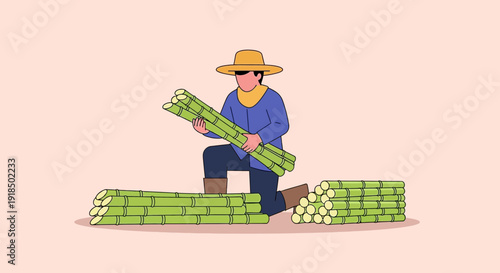 Farmer Kneeling With Harvested Sugarcane Stalks Surrounded by Stacks of Crops