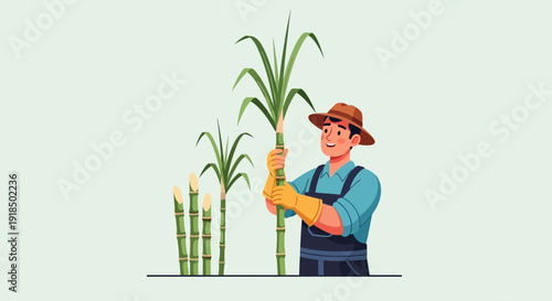 Farmer happily harvesting ripe sugarcane stalks in a verdant agricultural field, symbolizing abundant crop and rural livelihood