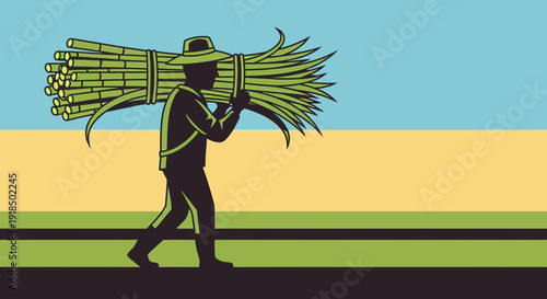 Farmer carrying harvested bundle of green crop across a stylized landscape