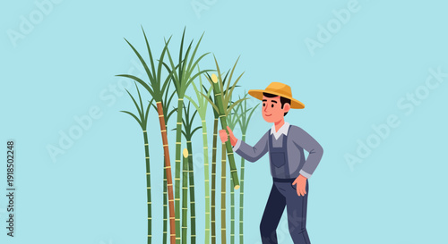 Farmer harvesting ripe sugarcane in a lush agricultural field under a clear blue sky